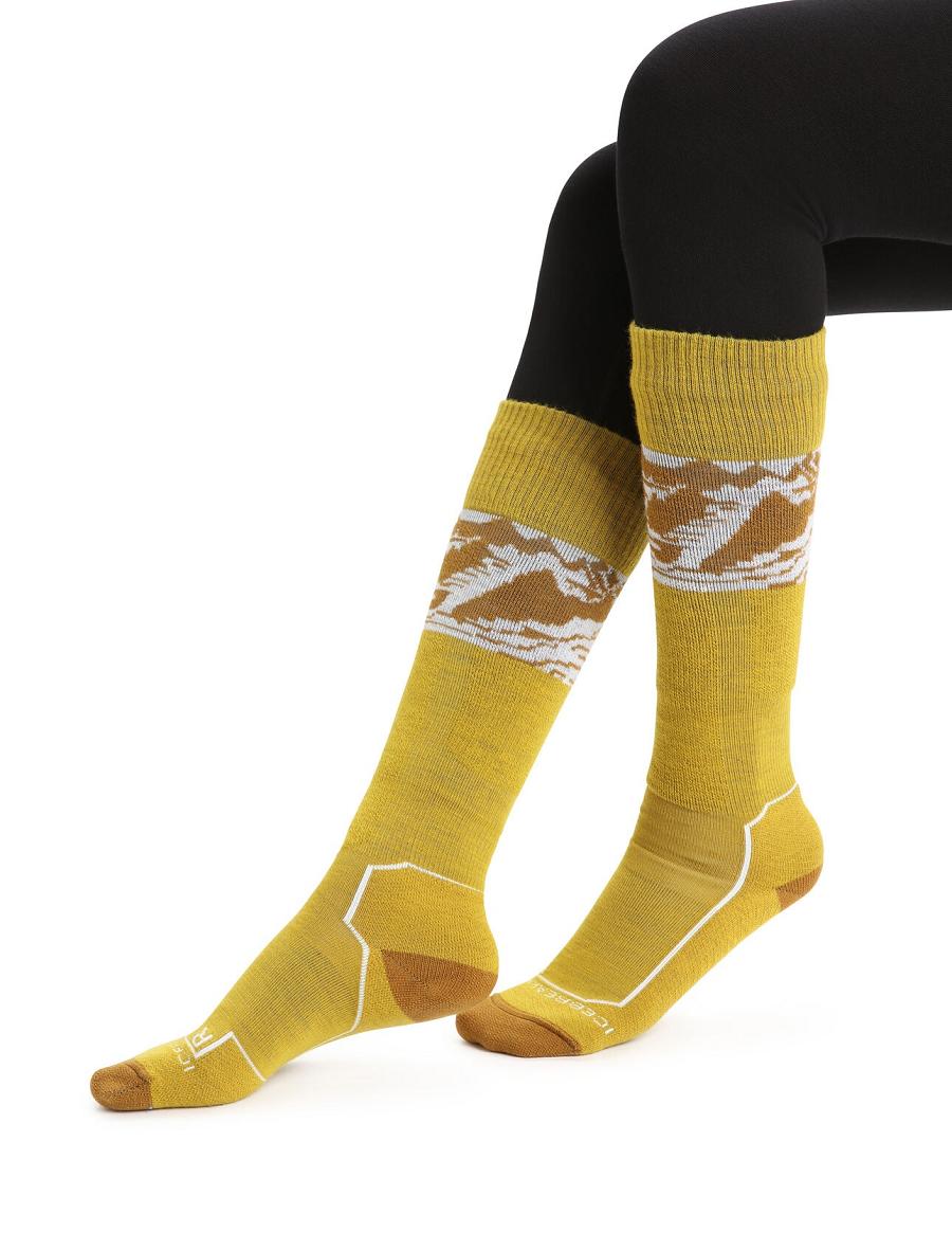 Women's Icebreaker Merino Ski+ Light Over the Calf Alps 3D Socks Silent Gold / Clove | CA 1543UZGT